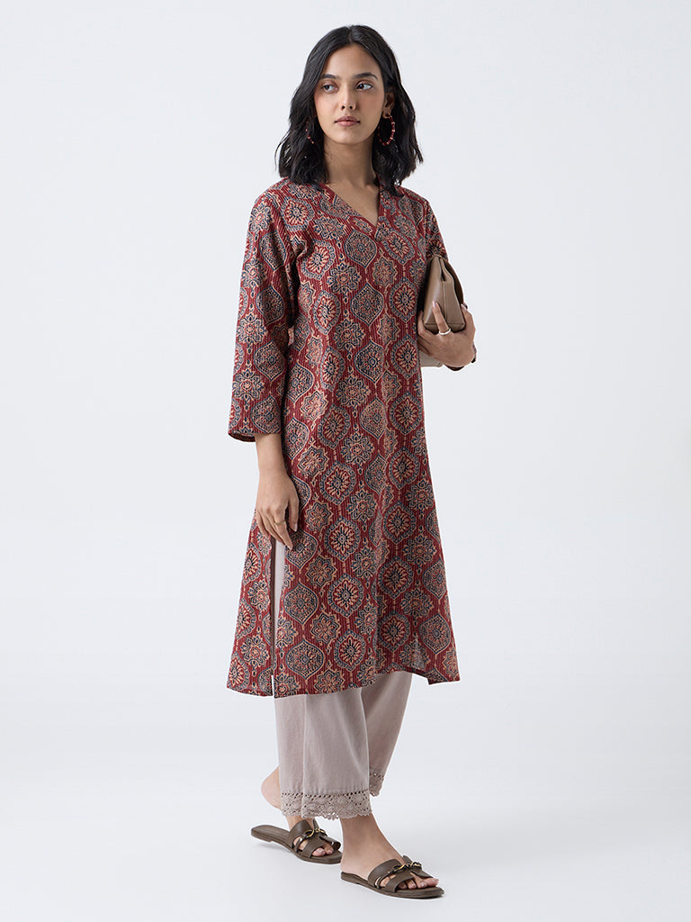Utsa Maroon Kantha Embroidered Cotton Straight Kurta