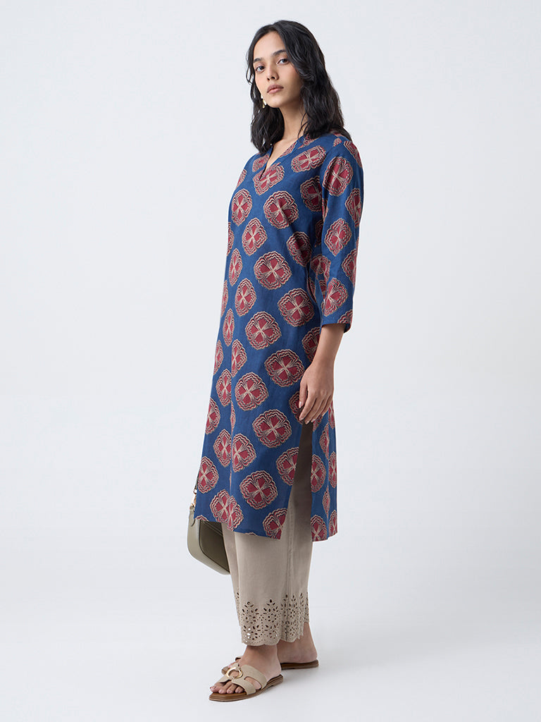 Utsa Indigo Floral Print Cotton Straight Kurta