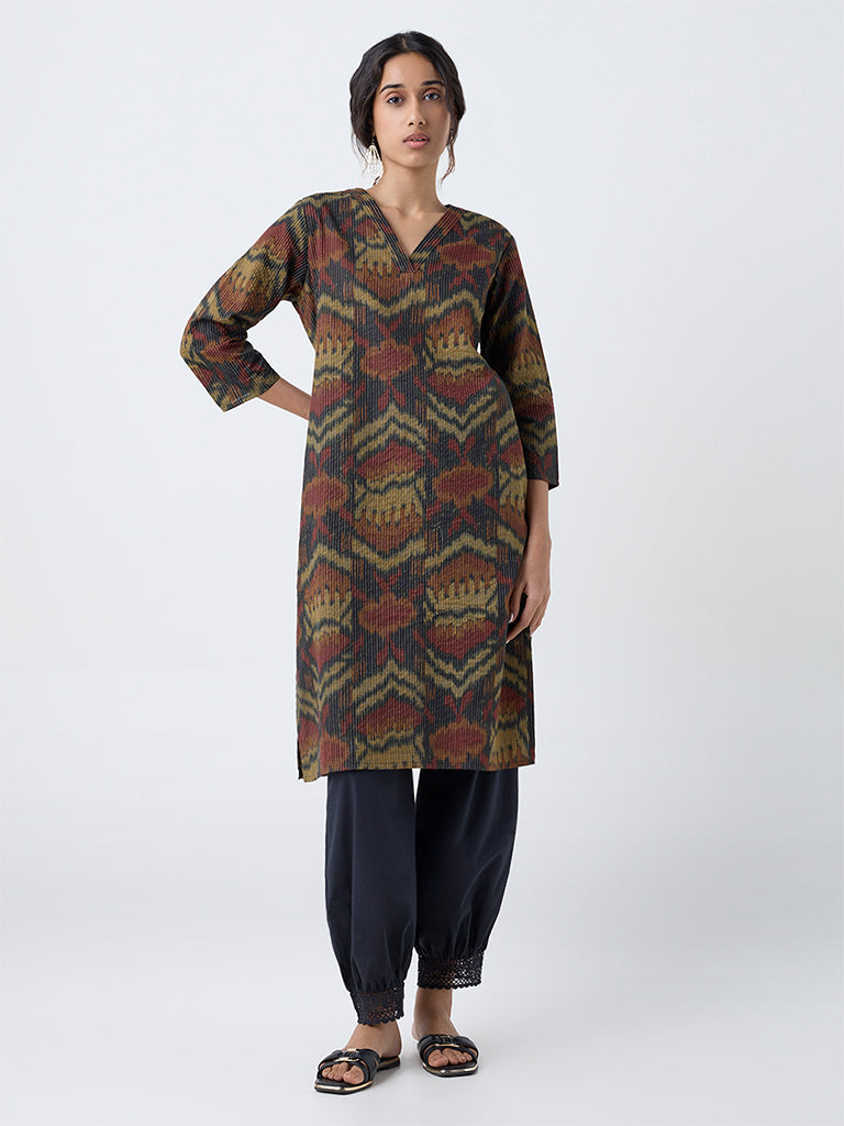Utsa Multicolour Ikat Pattern Cotton-Blend Straight Kurta