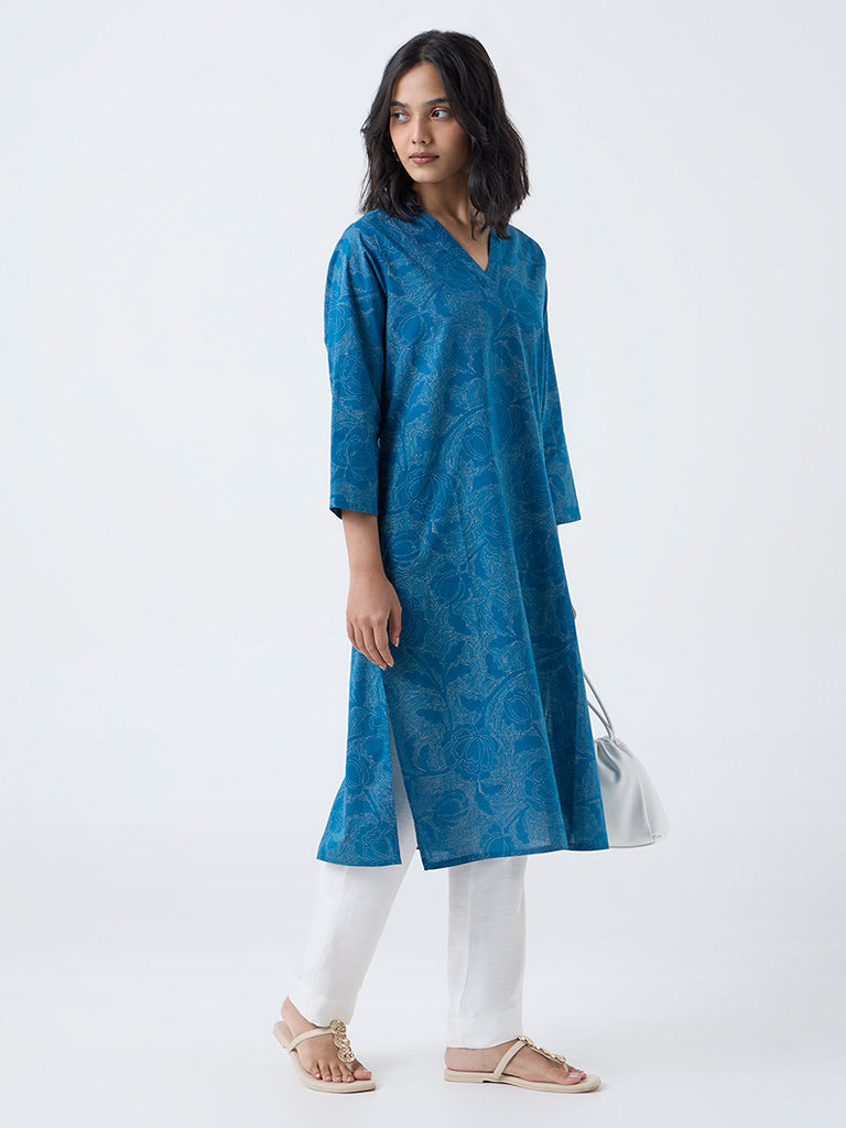 Utsa Blue Floral Design Cotton Straight Kurta
