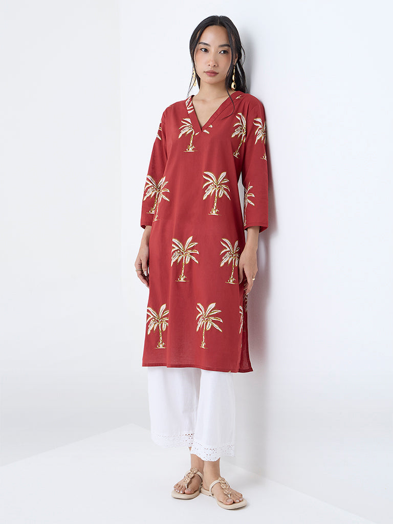 Utsa Red Tropical-Inspired Straight Cotton Kurta