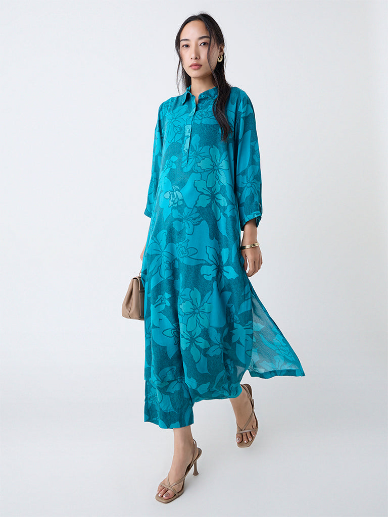 Utsa Teal Floral Printed Cotton A-Line Kurta