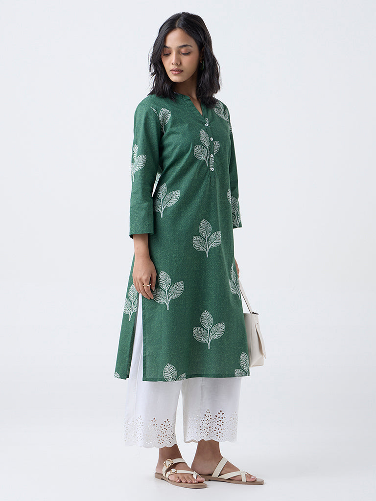 Utsa Green Leaf Design Straight Cotton Kurta