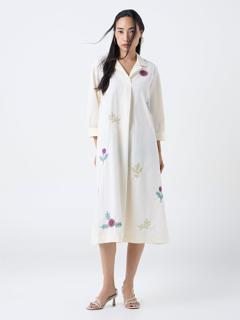 Utsa Cream Floral Embroidered Cotton Shirt Dress
