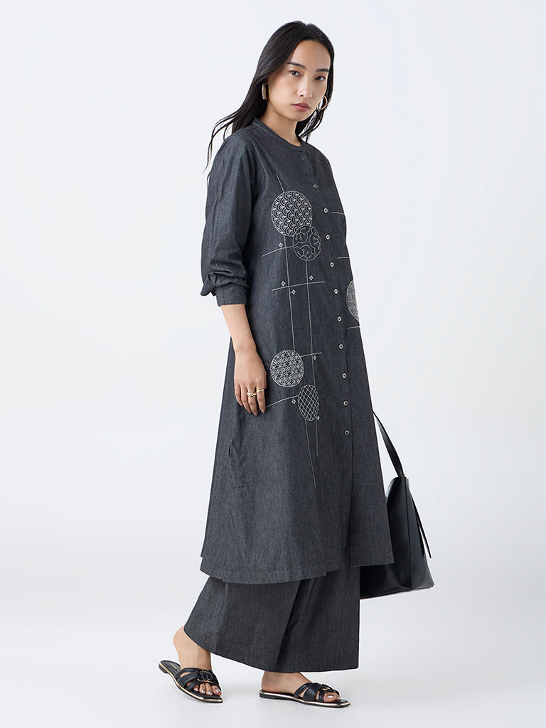 Utsa Black Geometric Design Denim A-Line Kurta