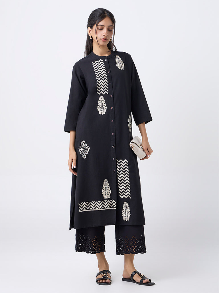 Utsa Black Embroidered Cotton-Blend A-Line Kurta