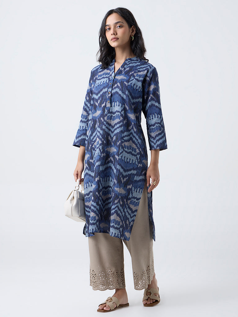 Utsa Indigo Kantha Embroidered Cotton-Blend Straight Kurta