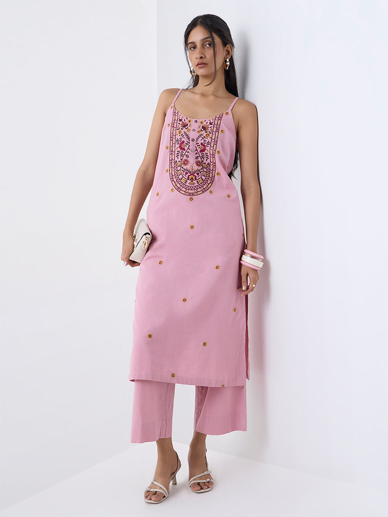 Utsa Dusty Pink Embroidered Cotton-Blend A-Line Kurta