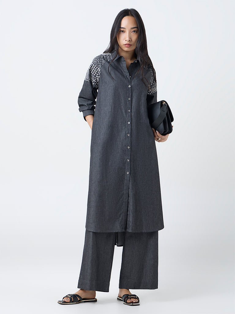 Utsa Black Embroidered Denim A-Line Kurta