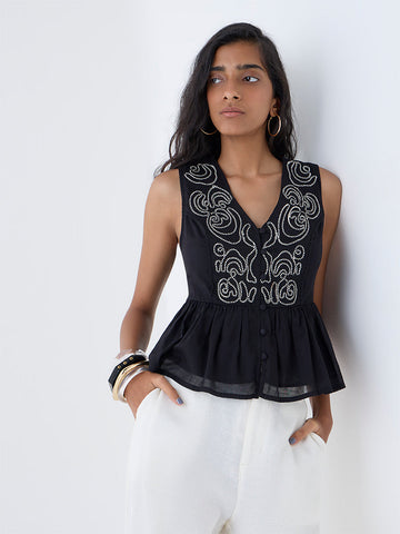 Bombay Paisley Black Embroidered Cotton Peplum Top