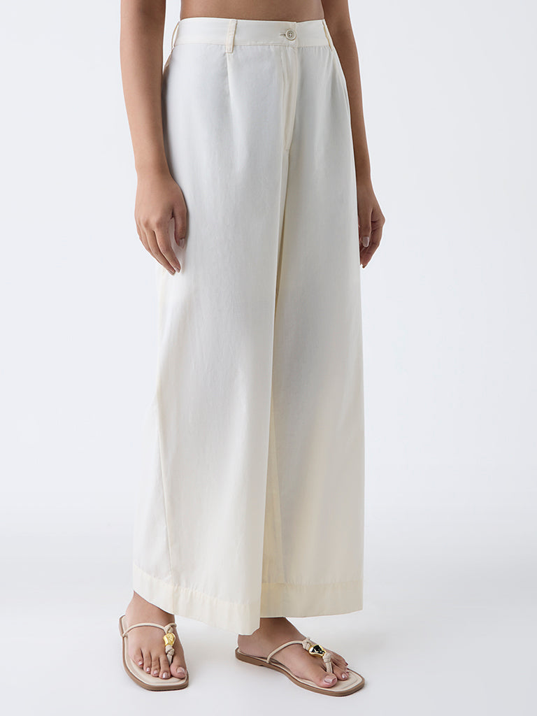 Utsa Cream Solid Cotton Ethnic Pants