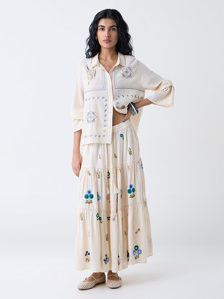 Bombay Paisley Off-White Floral Embroidered Tiered Skirt