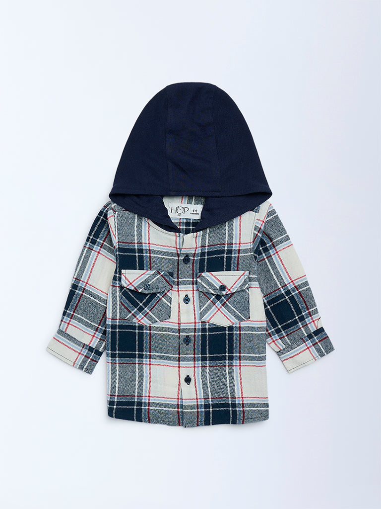HOP Baby Boys Navy Checkered Hooded Cotton Shirt