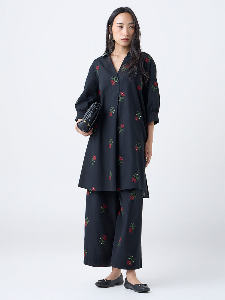 Utsa Black Floral Embroidered Cotton-Blend A-Line Kurta