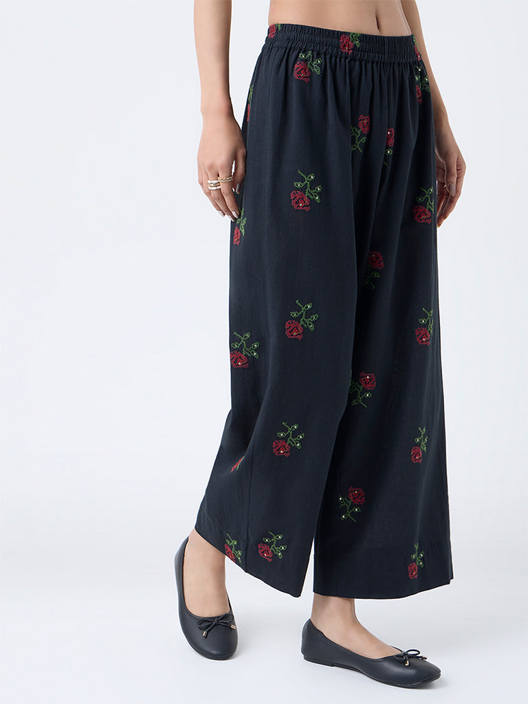 Utsa Black Floral Embroidered Cotton Palazzos