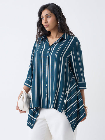 Gia Teal Striped Asymmetrical Blouse