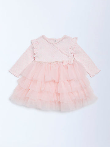 HOP Baby Pink Printed Cotton-Blend Tiered Dress