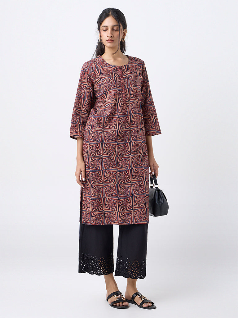 Utsa Brown Printed Cotton Straight Kurta