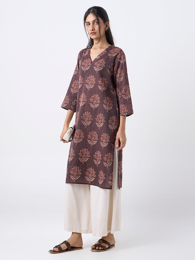 Utsa Brown Floral Pattern Cotton-Blend Straight Kurta