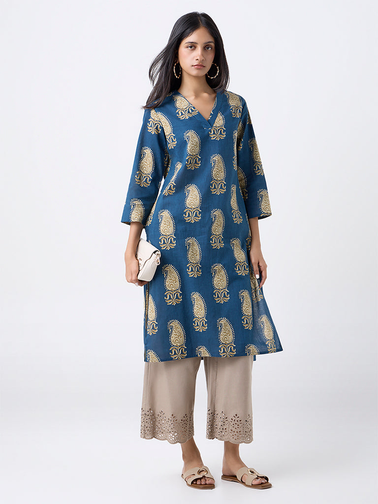 Utsa Indigo Paisley Design Cotton Straight Kurta