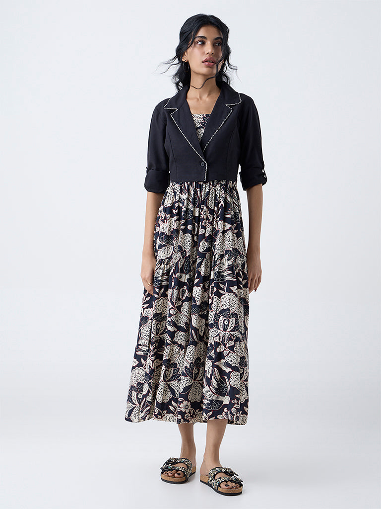 Bombay Paisley Black Floral A-Line Dress with Jacket