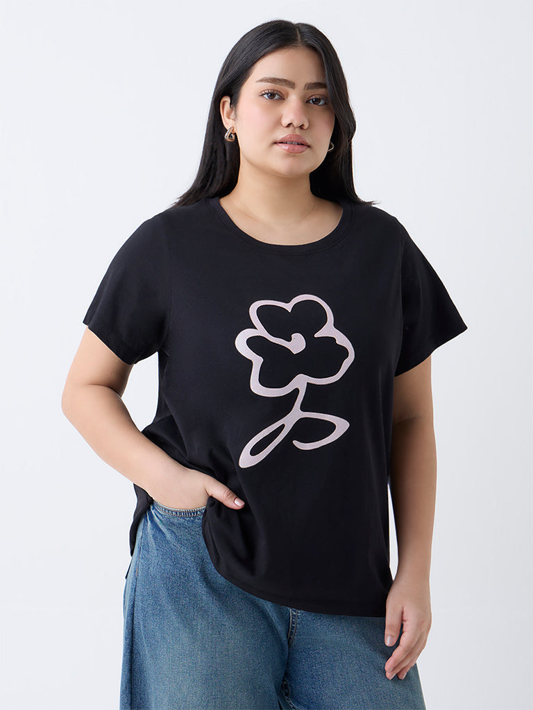 Gia Black Floral Design Cotton T-Shirt