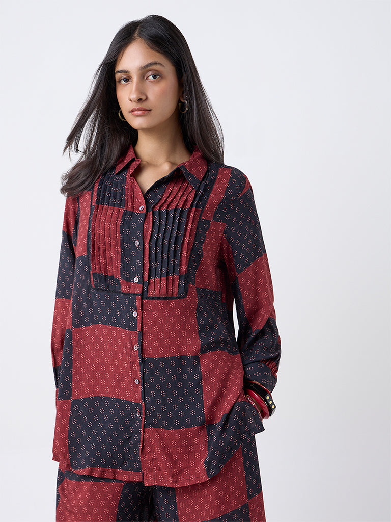 Utsa Red Grid Printed Tunic