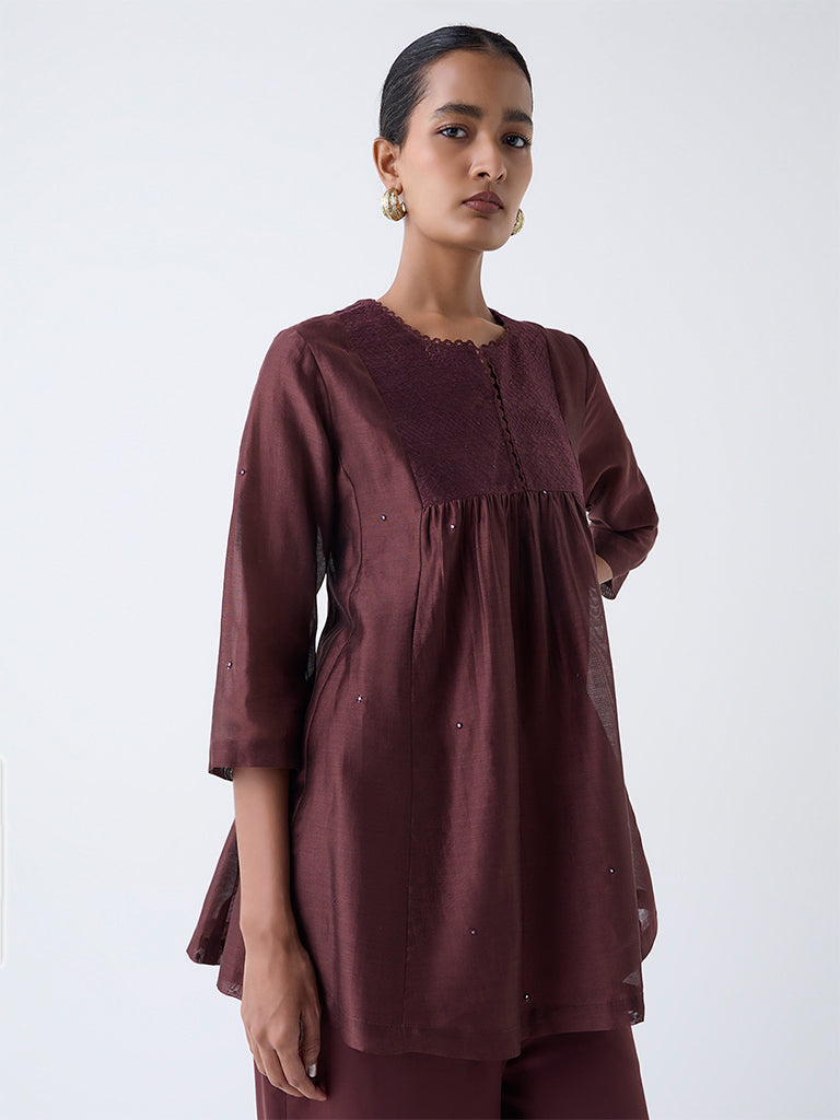 Zuba Brown Embroidered Cotton-Blend Tunic with Inner