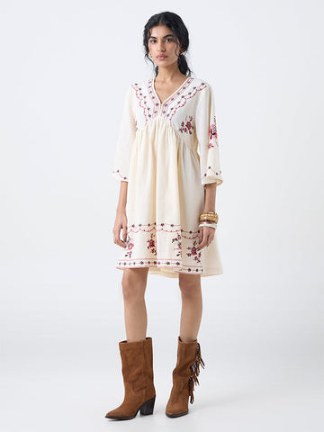 Bombay Paisley Off-White Cotton-Blend A-Line Dress