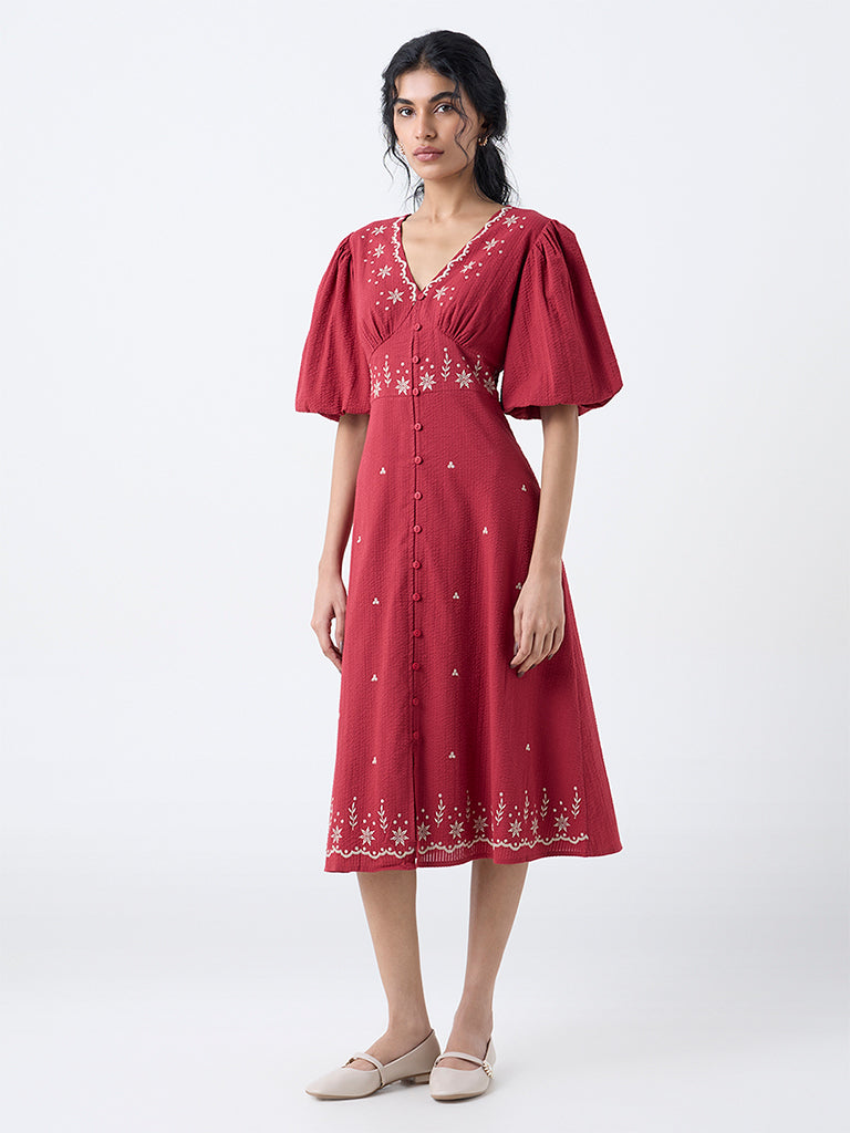 Bombay Paisley Red Embroidered Cotton A-Line Dress