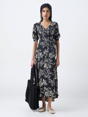 Bombay Paisley Black Foliage Pattern Wrap-Style Dress
