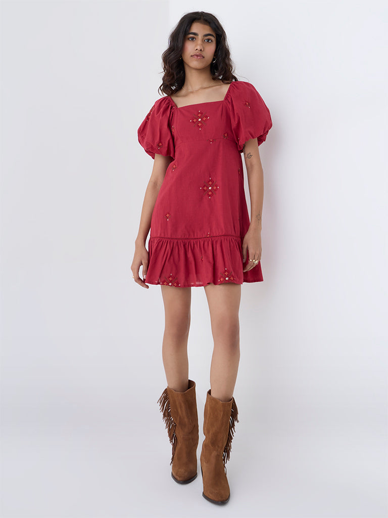 Bombay Paisley Maroon Embroidered Cotton A-Line Dress