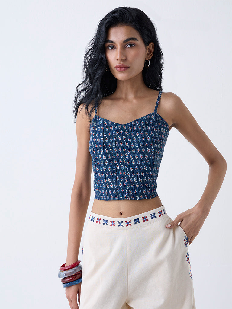 Bombay Paisley Blue Printed Cotton-Blend Top