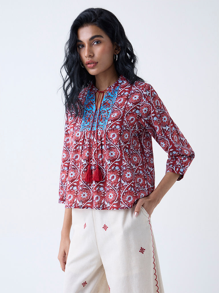 Bombay Paisley Red Foliage Printed Cotton Top