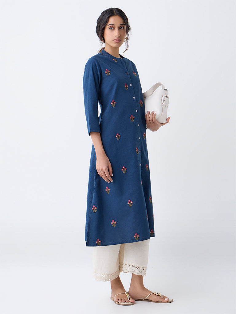Utsa Blue Floral Embroidered A-Line Cotton Kurta