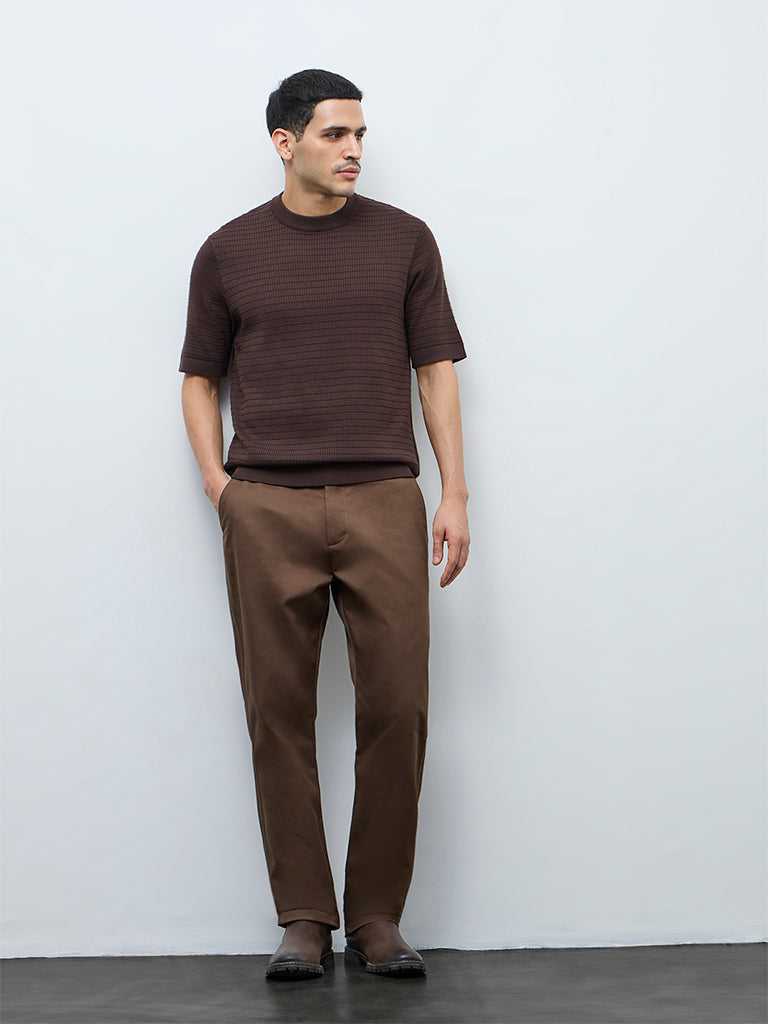 Ascot Dark Brown Textured Relaxed-Fit Cotton T-Shirt