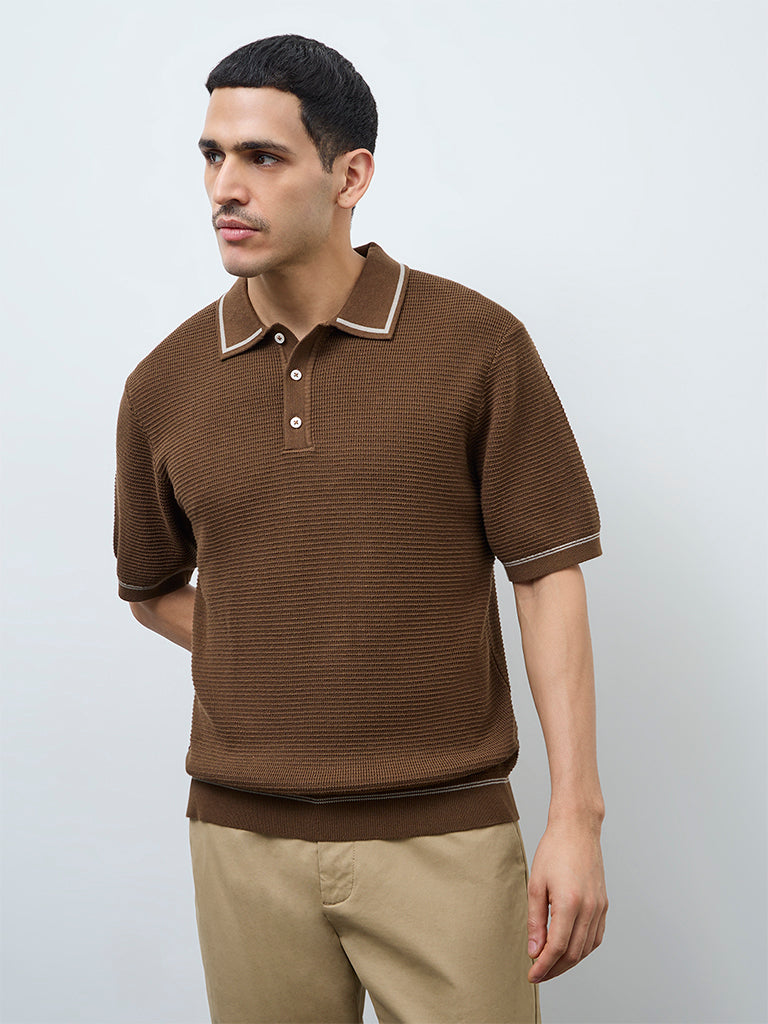 Ascot Tan Knit-Textured Relaxed-Fit Cotton-Blend Polo T-Shirt