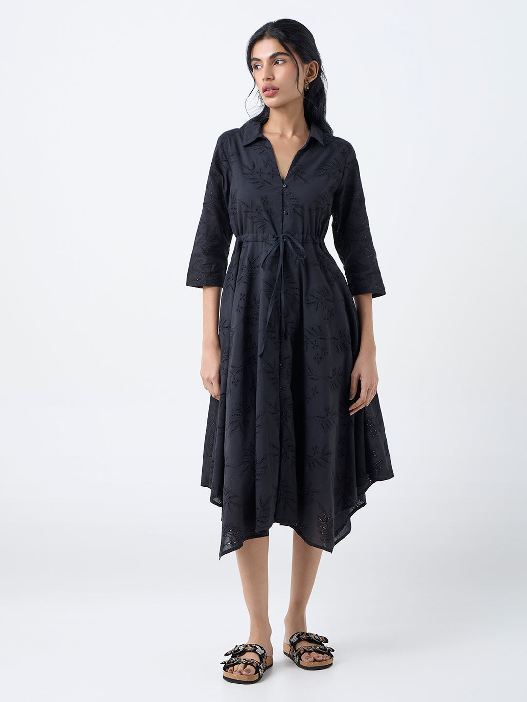 Bombay Paisley Black Schiffli Cotton Asymmetric Dress