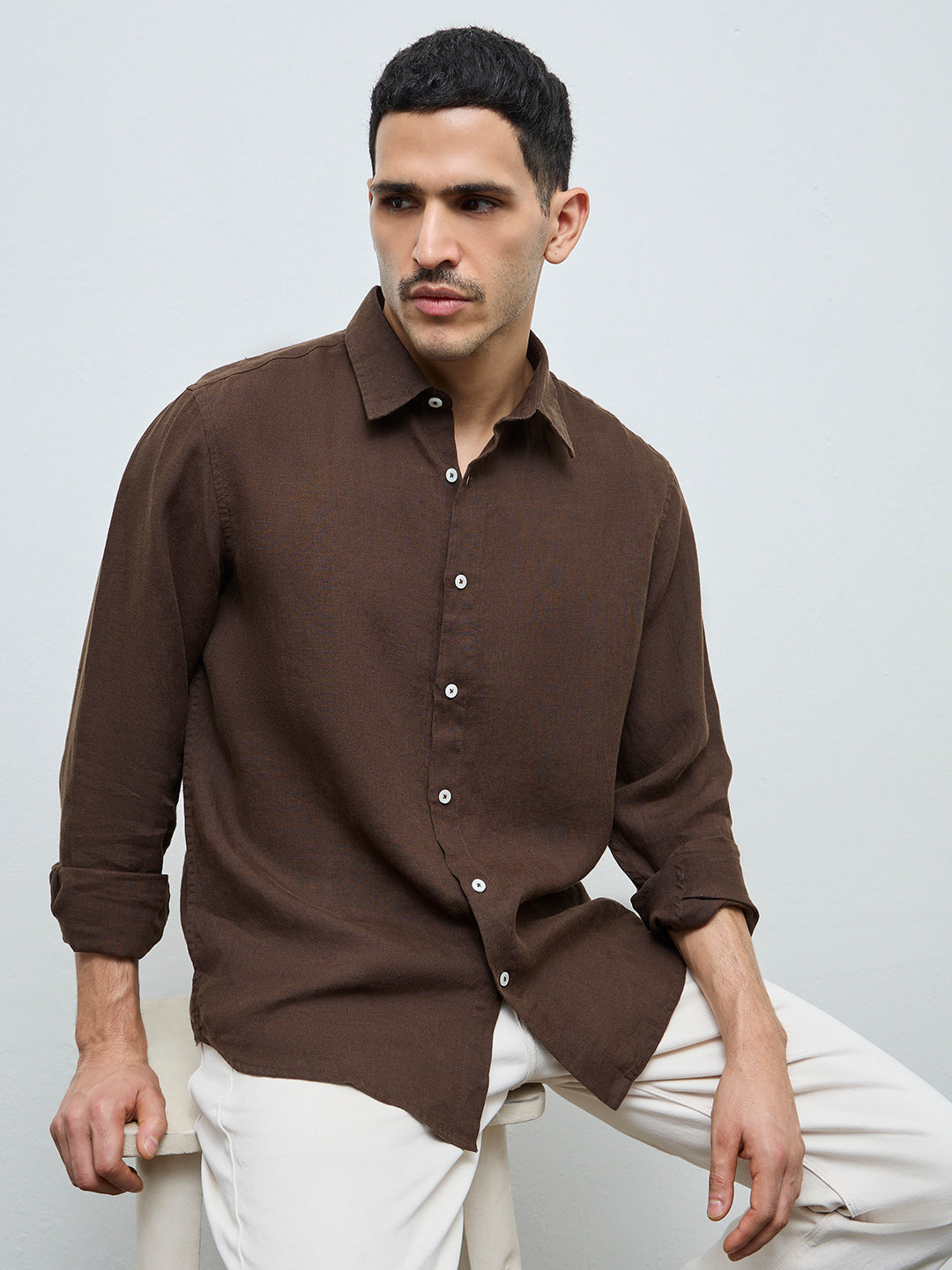 Ascot Formals Dark Brown Relaxed-Fit Linen Shirt