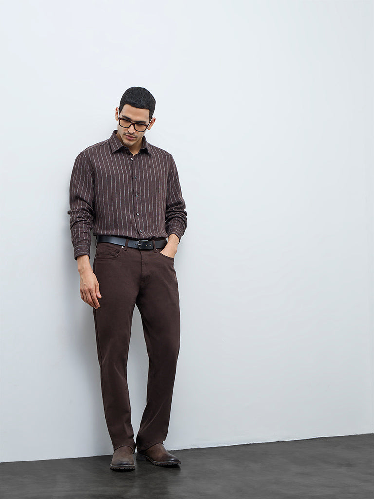 Ascot Dark Brown Striped Relaxed-Fit Linen Shirt