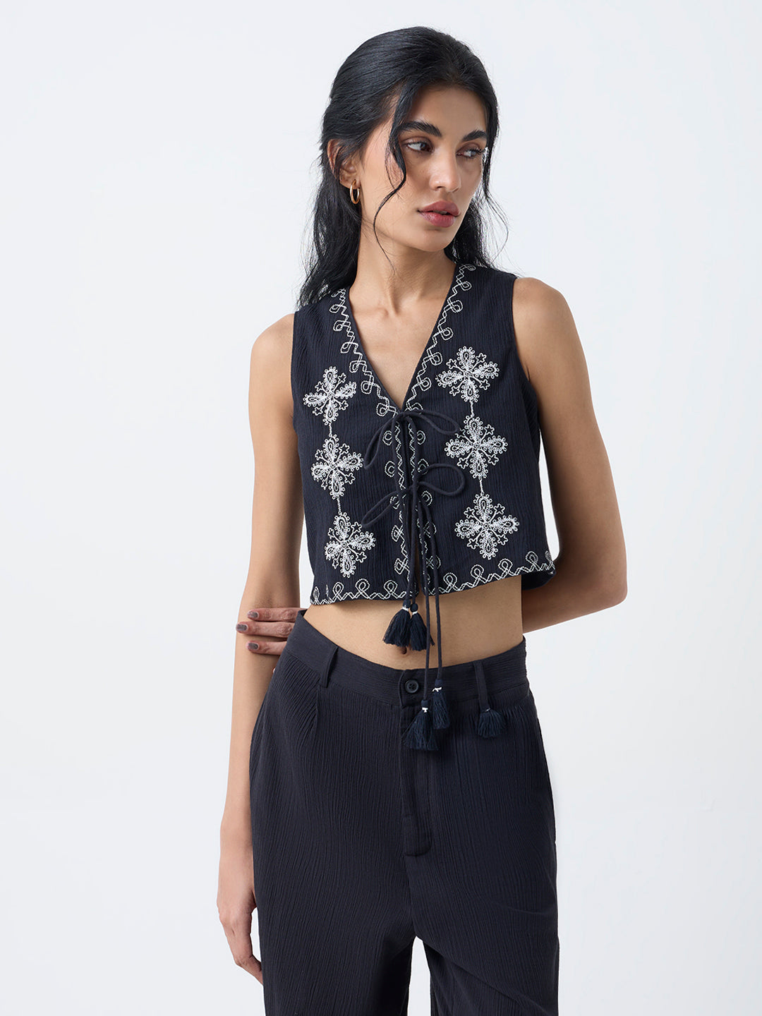 Bombay Paisley Black Floral Embroidered Cotton Vest Top