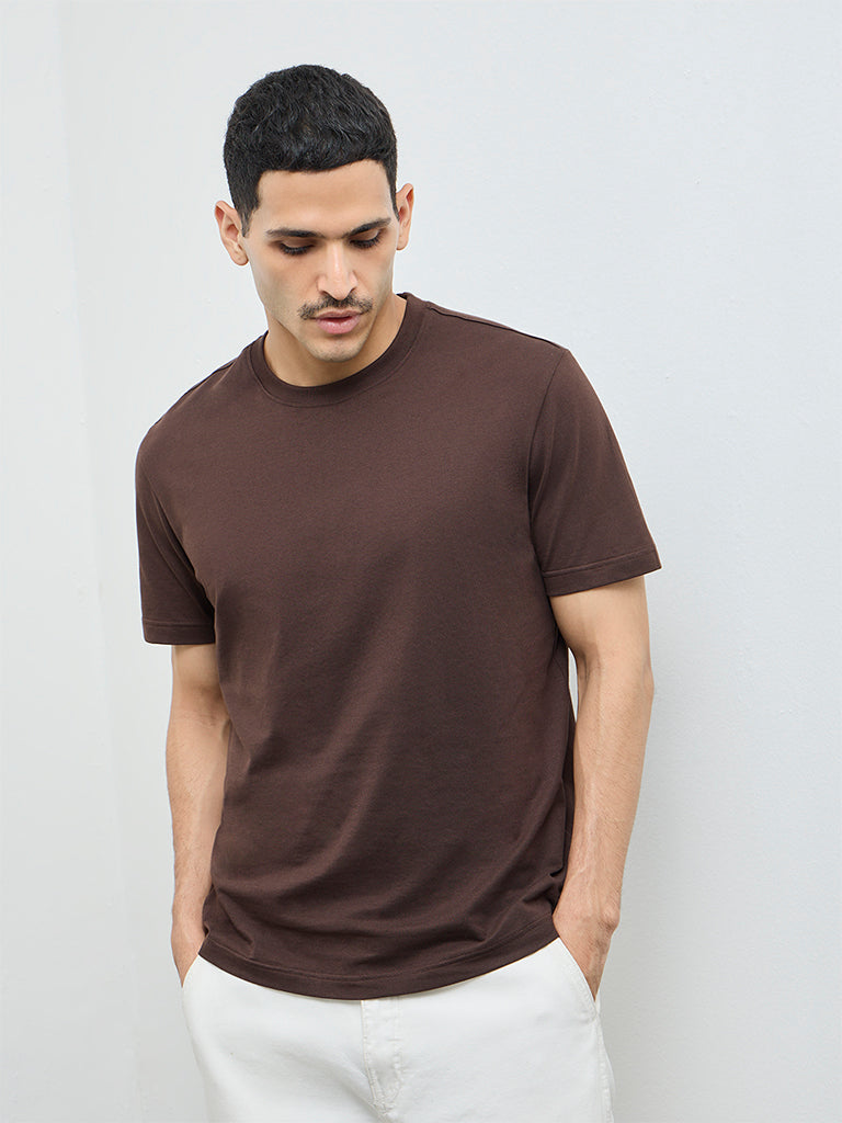 WES Casuals Dark Brown Solid Slim-Fit Cotton T-Shirt