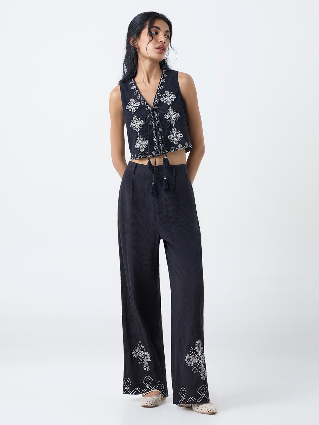 Bombay Paisley Black Embroidered Cotton Pants