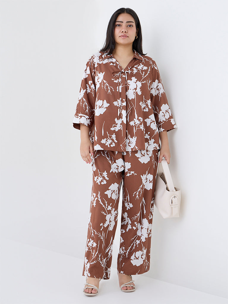 Gia Brown Foliage Design High-Rise Trousers