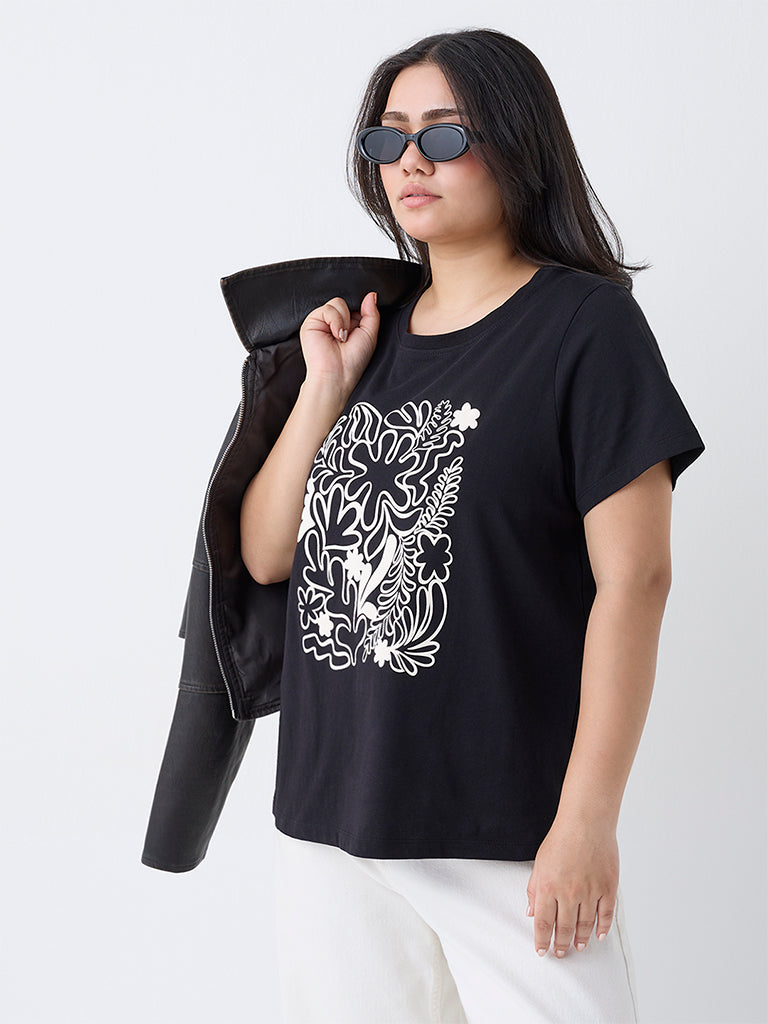 Gia Black Foliage Design Cotton T-Shirt