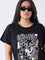 Gia Black Foliage Design Cotton T-Shirt