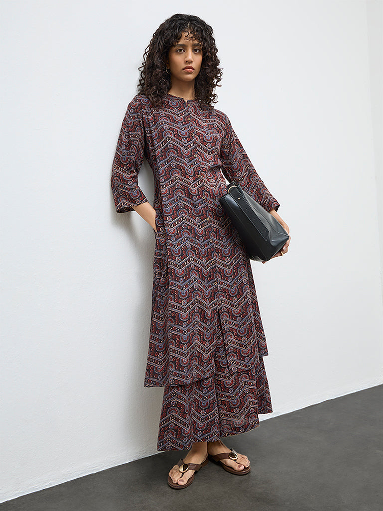 Utsa Black Chevron Printed A-Line Kurta