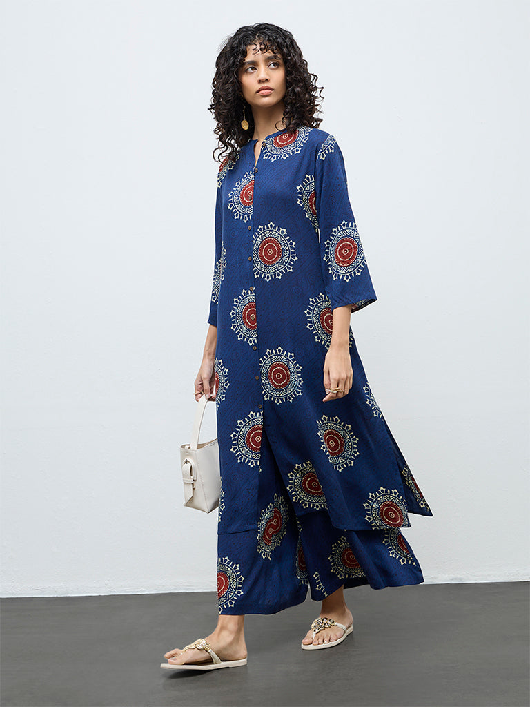 Utsa Indigo Geometric Printed A-Line Kurta