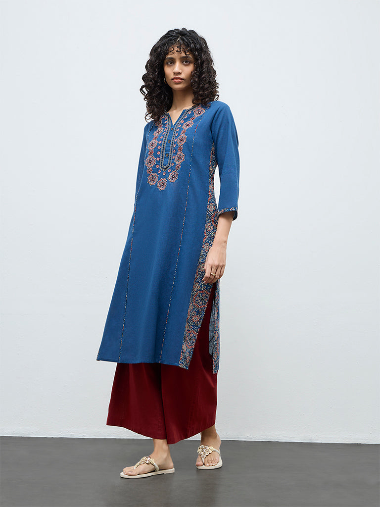 Utsa Dark Blue Embroidered Cotton A-Line Kurta