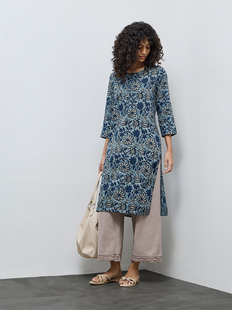 Utsa Blue Floral Design Cotton Straight Kurta
